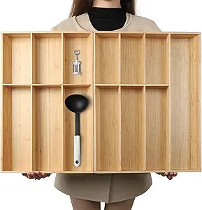 BAMOTTO CRAFTBAMBOO 13 Slot V-Shaped Bamboo Drawer Organizer Set of 2, Extra Large Cutlery Tray - Easy Reach Flatware Silverware Utensil Storage for Kitchen (19.6"x14.6" & 19.6"x12.4")
