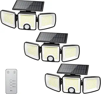 Brightown 3 Pack Solar Outdoor Lights, 2500LM 223 LED Solar Flood Outdoor Lights with Motion Sensor 3 Modes, 3 Head 270 Wide Angle Street Area IP65 Waterproof Security Wall Lights with Remote