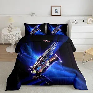 Feelyou Classic Music Beddinig Set Cool Saxophone Comforter Set for Kids Boys Girls Jazz Funky Design Comforter Musical Instrument Blue Quilt Collection 2Pcs Twin Size Boys