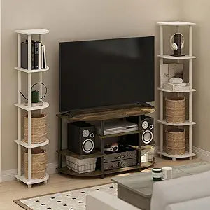 Furinno Jaya TV Stand, 4-Tier Toolless Assembly Corner Entertainment Center with Round Edges, TV Console for TV up to 50 Inch, Open Shelf Design, for Living Room, Bedroom, Amber Pine