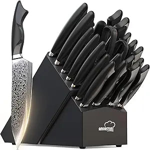 Amorston 22 Pieces Knife Set, Laser Engraved High Carbon Stainless Steel Knife Block Set, Full Tang Professional Kitchen Knife Set with Built-in Sharpener, Mothers Day Gifts for Kitchen