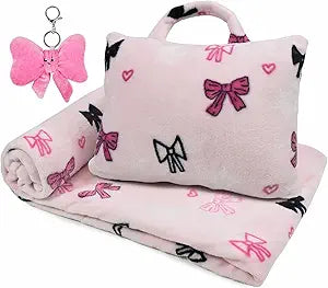 3-in-1 Kids Travel Blanket and Pillow Set, 40x60 Inch Pink Bow Blanket for Girls,Compact Set with Bow Keychain, Ideal Birthday Travel Essential