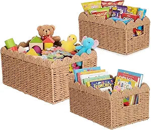 3 Pcs Wicker Storage Baskets for Shelves Picnic Basket, Hand-woven Storage Baskets with Built-in Handles, Paper Rope Shelf Baskets for Organizing and Decoration, Brown Basket
