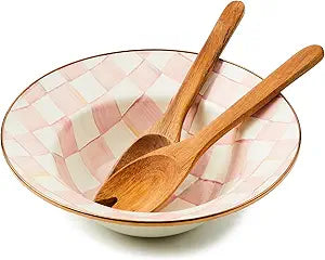 MACKENZIE-CHILDS Enamel Salad Serving Set, Enamel Bowl and Wooden Salad Servers, Decorative Kitchen Set, Pink-and-White Rosy Check