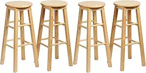 PJ Wood Classic Round Seat 29" Tall Kitchen Counter Stools for Homes, Dining Spaces, and Bars with Backless Seats & 4 Square Legs, Natural (Set of 4)