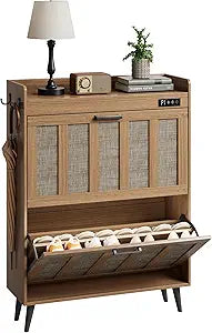 ChooChoo Shoe Storage Cabinet with 2 Flip Drawers, Deodorizing Shoe Organizer Storage for Entryway, Freestanding Hidden Slim Narrow Shoe Rack Cabinet, Rustic Oak