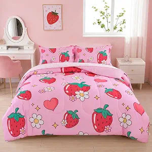 ADASMILE A & S Strawberry Bedding Twin for Girls 5Pcs Flower Comforter Sets