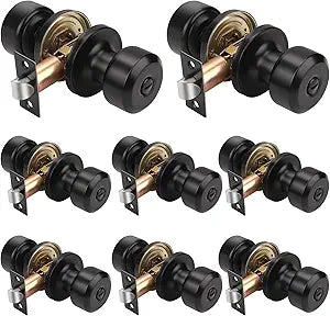 KNOBWELL 8 Pack Privacy Door Knob with Lock, Bedroom/Bathroom Door Knob, Matte Black Interior Door Knobs, Keyless Stainless Steel Door Handle, Black Round Doorknobs