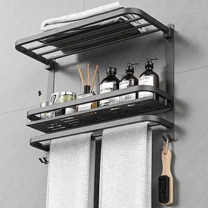 CAXIMSY 22.8Inch Towel Rack for Bathroom and Lavatory Towel Hanger with Wall Mount Towel Bars 304 Stainless Steel No Drill (Collapsible Black Towel Rack with Bathroom Organize Shower Shelves)