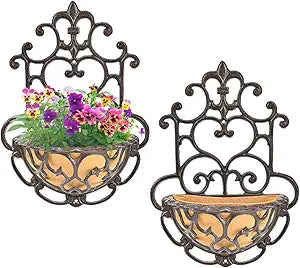 Sungmor 2 Pack Wall Hanging Planter Basket with Fabric Liner, Antique Victoria Style Cast Iron Wall Planter Holder, Outdoor Railing Fence Balcony Metal Hanging Basket Half Round Flower Pots