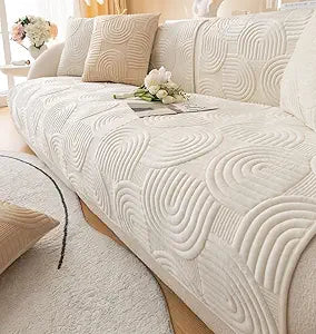 Soft Plush Geometric Quilted Couch Sofa Cover Boho Non Slip Fuzzy Sectional Couch Cover Solid Color Washable Sofa Slipcover Furniture Protector for Kids Dogs Cats (Ivory,28"x70")