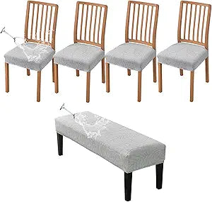 CRFATOP Waterproof Dining Room Chairs Seat Covers Set of 4 with Stretch Bench Slipcover Jacquard Kitchen Chair Slipcover Washable Seat Cushion Slipcover for Hotel Banquet Wedding Party, Light Grey