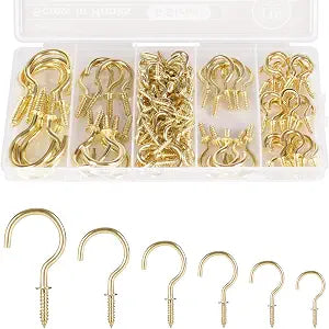 RELBRO Screw Hooks, 6 Sizes Metal Screw in Cup Hooks, Gold, 110 Pcs