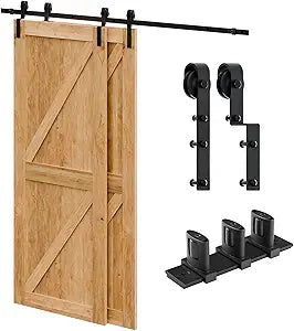 8 Feet Bypass Sliding Barn Door Hardware Kit for Double Wooden Doors-Single Track with Bypass Door Floor Guide