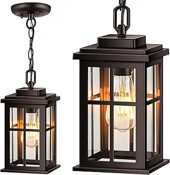 Bronze Hanging Porch Light, Modern Outdoor Pendant Lights for Porch, Waterproof Outdoor Hanging Lights with Tempered Glass, Aluminum Hanging Exterior Light for Patio, House, Adjustable Chain