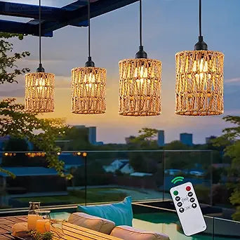 Battery Operated Chandelier with Remote, Outdoor Battery Hanging Pendant Light with Warm White Bulb, Boho Pendant Lantern Lights, 4*AA Battery Powered, for Gazebo Porch Patio Backyard Decor4 Pack