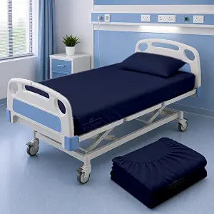 Yarns of Cotton 3 PC Hospital Bed Sheets- Microfiber Fitted Flat Pillowcases (36"x80"x8", Navy)