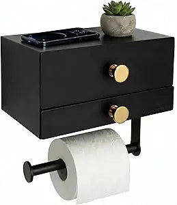 Modern Toilet Paper Holder with Storage Drawers - Toilet Paper and Wipes Holder for Bathroom - Aluminum TP Holder with Shelf and Drawers - Adhesive or Wall Screw Mounting - (Black/Gold Knobs)