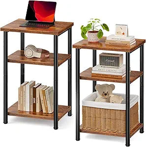 Sweetcrispy 3-Tier End Tables with Adjustable Feet, Bed Side Table, Small Nightstand for Bedroom, Office, Living Room Furniture, 2 Pack, Rust