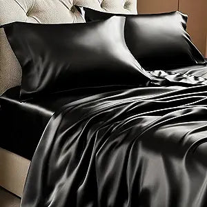 BEDELITE Satin Sheets Full XL Size Bed Set, Luxury Soft Black Silky Sheets for Hair and Skin, Similar to Silk Bed Sheets Set 4 Pieces with 1 Deep Pocket Fitted Sheet, 1 Flat Sheet, 2 Pillowcases