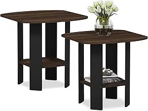Furinno Simple Design Side Table Set of 2, 2-Tier Modern End Table with Soft Edges, Open Shelves Night Stand, Bedside Table, for Living Room, Bedroom, Columbia Walnut