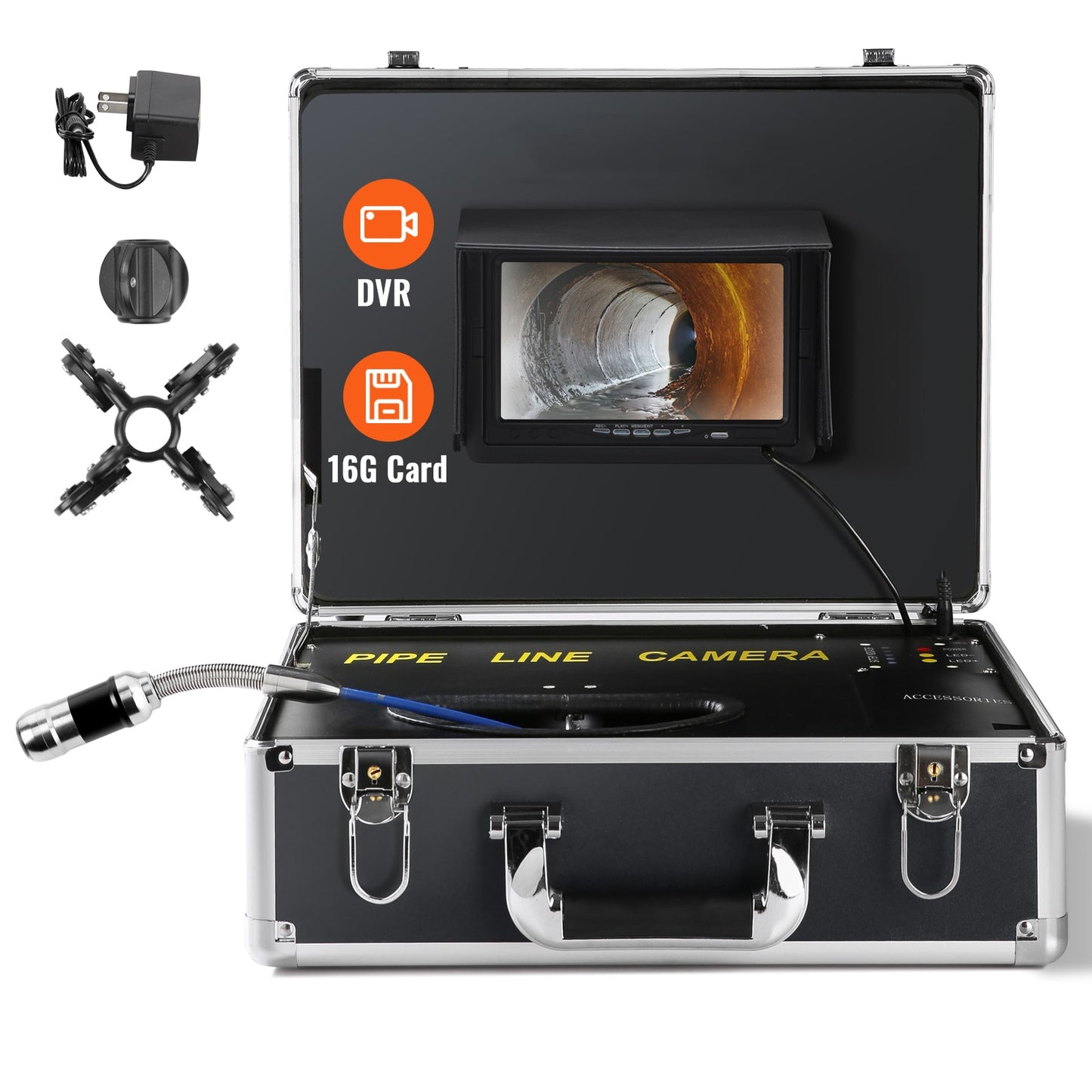 VEVOR Sewer Camera 100 ft/30 m 7in Screen Pipeline Inspection Camera with DVR Function Waterproof IP68 Camera 12 pcs Adjustable LEDs with a 16 GB SD Card for Sewer Line Duct Drain Pipe Plumbing