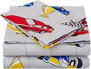 Fancy Linen Sheet Set Flat Fitted and Pillow Case Set for Boys/Girls Multi Color New (Racing Cars, Twin)