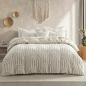 All Seasons, No-Shed Tufted Cotton Duvet Cover Set, Boho Arched Geometric Bedding 3 Pieces, Linen Textured Duvet Cover King 104x90'',2 Pillowcases 20x36'', Breathable, Soft and Durable
