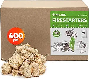 Inflame Fire Starters 400 pcs - Fire Starters for Campfires, Charcoal, Grill, BBQ, Fireplace, Chimney, Woodstove - Waterproof, Weather-Resistant - Natural Wood Starters