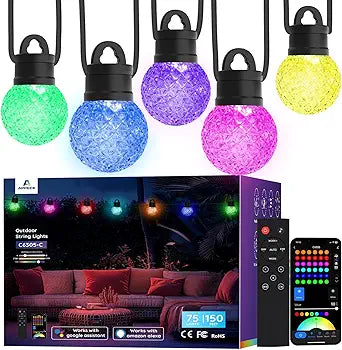 APPECK Outdoor String Lights 150ft, RGBW Color Changing Patio Lights with 75 Dimmable LED Bulbs, 111 Scene Modes, IP65 Waterproof Lighting for Outside, Party, Backyard, Pool, Compatible with Alexa