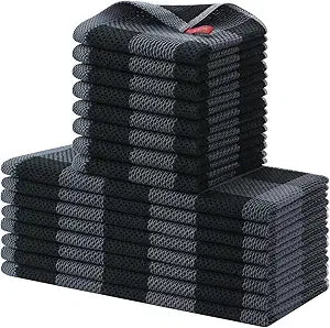 Homaxy Kitchen Towels and Dishcloths Set, 12 x 12 and 13 x 28 Inches, Set of 16 100% Cotton Waffle Weave Check Plaid Kitchen Dish Towels, Super Soft and Absorbent Dish Cloths, Black & Grey