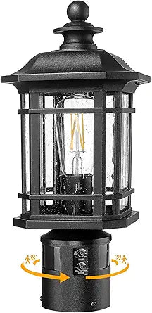 Emliviar Dusk to Dawn Outdoor Post Light, Motion Sensor Pillar Lamp for Pathway, Garden, 360 Wide-Angle Detection Post Lantern with Seeded Glass, Black Finish, WE270P-SE BK