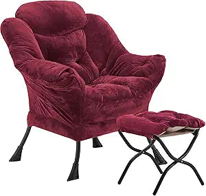 Youtanic Lazy Chair with Folding Ottoman, Accent Chair Plush Upholstered with Metal Structure and Non-Slip Pads, Sofa Armchair with Footrest and Side Storage Bag for Dorm, Room, Office, Rose Red
