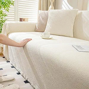Water-Resistant Teddy Fleece Couch Cover for Dogs & Pets, Cozy Boucle Sofa Protector, Breathable Luxury Furniture Throw for 3-4 Cushion Couch, Washable & Non-Slip, Cream