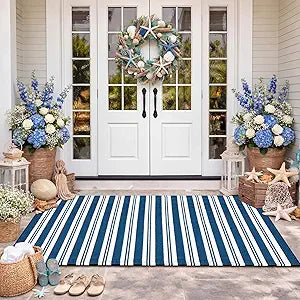 Moucuny Navy Blue and White Striped Outdoor Rug, 3' x 5' Nautical Beach Front Porch Rug Navigation Welcome Layering Doormat for Entryway Entrance Patio Decor