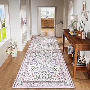 Amearea Purple Runner Rugs for Hallway, 2x6 Feet Area Rugs for Bedroom Girls, Washable Floral Collection Bedside Rugs Low Pile Print Carpet, Kids Room Entrance Kitchen Living Room Decor