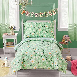 Uozzi Bedding 4 Pieces White Girls Toddler Bedding Set Green Floral Style - Includes Adorable Quilted Flower Comforter, Green Plaid Fitted Sheet, Top Sheet, and Pillow Case for Girls Bed