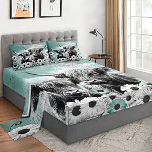 WeCozy Queen Bed Sheet Set, 4 Pieces Highland Cow Bedding with Flat