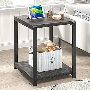 FOLUBAN Modern Side Table, Square End Table with Storage Shelf for Living Room, Rustic Industrial Wood Nightstand for Bedroom, Dark Gray