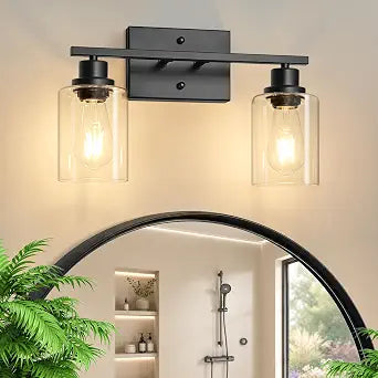 Ascher 2 Light Bathroom Light Fixture, Matte Black Bathroom Lighting Fixtures Over Mirror, Vanity Light with Clear Glass Shade, Wall Sconce for Living Room Bedroom Cabinet, E26 Base