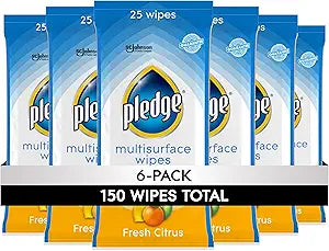 Pledge Multi-Surface Furniture Polish Wipes, Works on Wood, Granite, and Leather, Cleans and Protects, Fresh Citrus - Pack of 6 (150 Total Wipes)