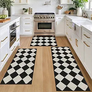 SHACOS 3Pcs Kitchen Rug, Checkered Kitchen Mat for Floor, Washable Non Slip Runner Rug for Hallway Entryway, Kitchen Runner Set for Kitchen, Front of Sink (17"x30"+17"x47"+17"x59", Black/White)