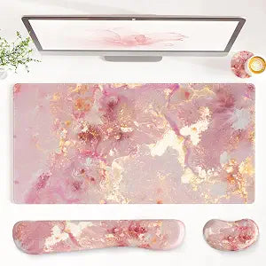 QiyI PU Leather Desk Mat Set, 4-in-1 Ergonomic Wrist Rest, Pink Marble
