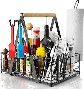 JBBTOOL Grill Caddy, BBQ Caddy for Outdoor Grill with Paper Towel Holder, Picnic Utensil Caddyfor Outdoor Kitchen, RV, Patio, Tailgate, Camping Essentials, Grilling Gifts for Men, Barbecue Tool Sets