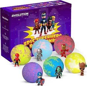 EvolutionUSA Purple Epic Superhero Bath Bombs for Kids, 6 Super Hero Bath Bombs with Toy Inside, Organic Bathbombs with Surprise, Children Bath Balls, Superhero Bath Fizzers, Safe & Fun Kid Bath Bombs
