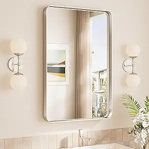 TokeShimi 20x30 Brushed Nickel Bathroom Wall Mirror Vanity Metal Frame Round Corner Rectangular for Home Decor Living Room Entryway (Horizontal/Vertical)