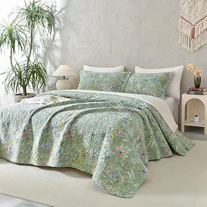 Sanracie Oversized Queen Size Quilt Bedspread Set(102"x118"), 100% Cotton Green Flower Bird Butterfly Print Botanical Quilted Bedding Set 3Pcs Lightweight Breathable Bedspreads for All Seasons