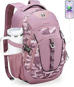 Swissdigital Design Laptop Backpack with USB Charging Port, Travel Backpack Fits 15.6 inches Computer, 31L College School Backpack for Men, Pink Camo | SD803-93