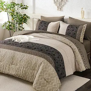 Dinjoy Boho Queen Comforter Set Light Brown,7 Piece Bed in a Bag Queen Size Lightweight Striped Bedding Sets with Plaid Comforters Bed Set with Sheets for Family All Season