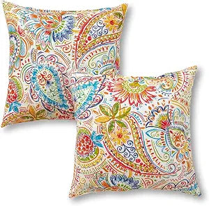 Set of 2 Outdoor Throw Pillows 17 x 17 Inch Reversible Square Patio Accent Pillows Weather-Resistant Polyester Fabric Eco-Friendly Recycled Polyfiber Fill, Jamboree Paisley